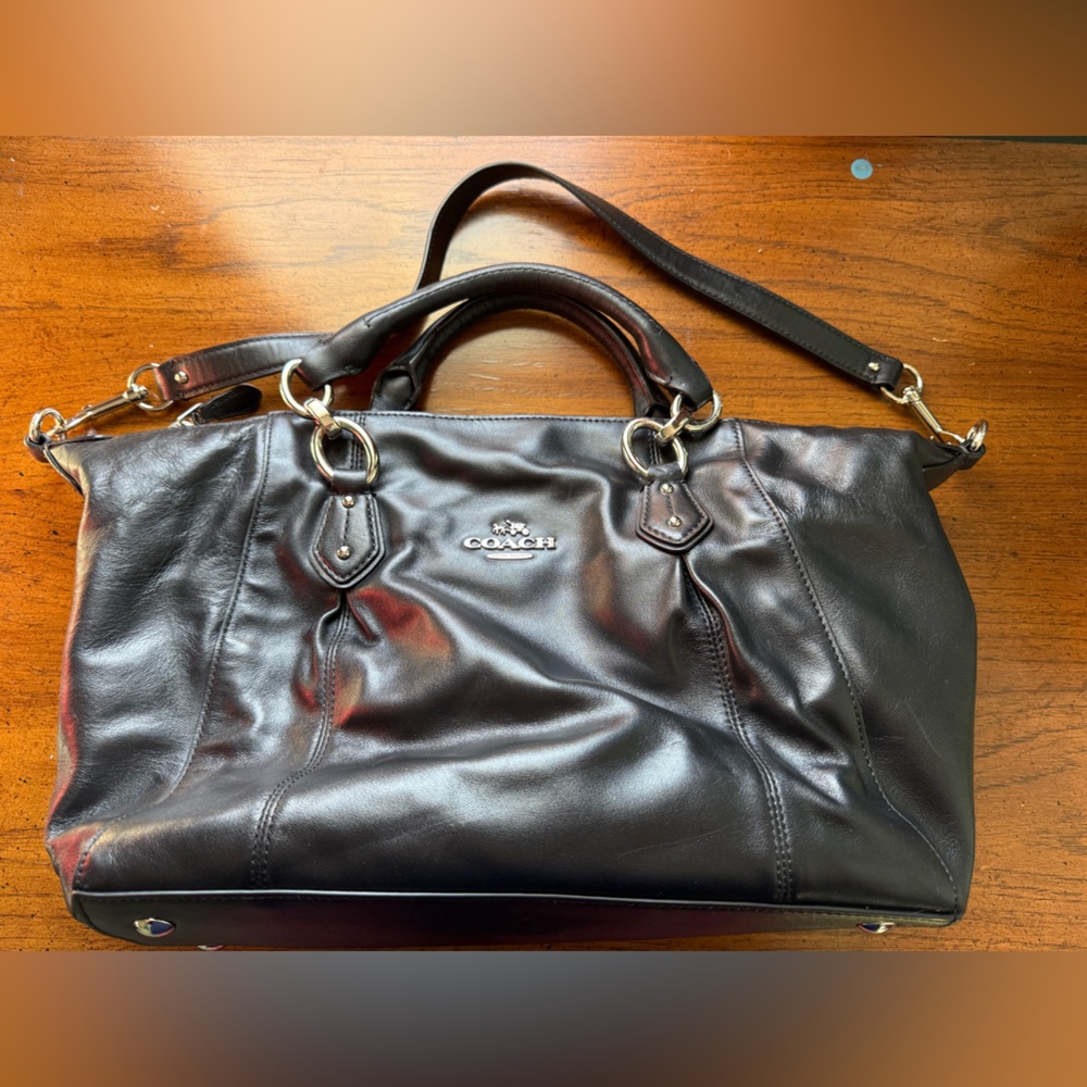 Coach Black Leather Satchel with Silver Accents